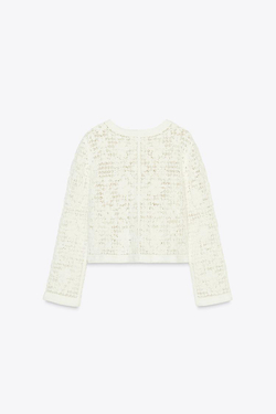 ZARA КАРДИГАН ИЗ КРУЖЕВА КРОШЕ С ПУГОВИЦАМИ, ЖЕЛТОВАТО-БЕЛЫЙ