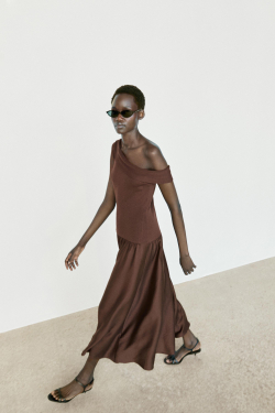 Massimo Dutti Платье миди с открытым плечом, коричневый
