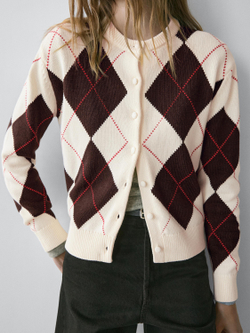 Massimo Dutti Кардиган из хлопка с узором «ромбы», натуральный/кремовый