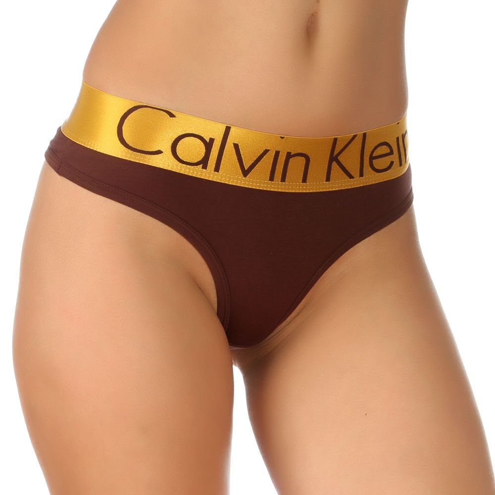 Женские трусы стринги коричневые с золотистой резтнкой Calvin Klein Women String Brown Gold