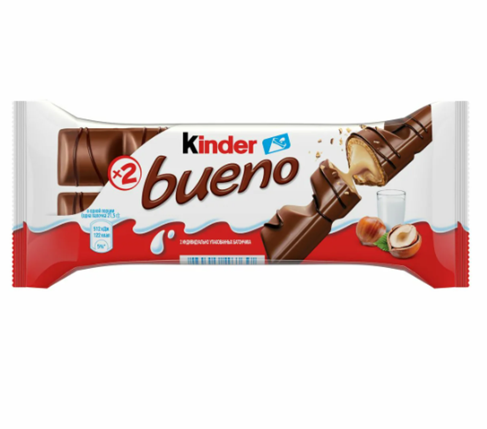 Вафельный батончик Kinder Bueno, покрытый молочным шоколадом, с молочно-ореховой начинкой, 43г 2 х 2