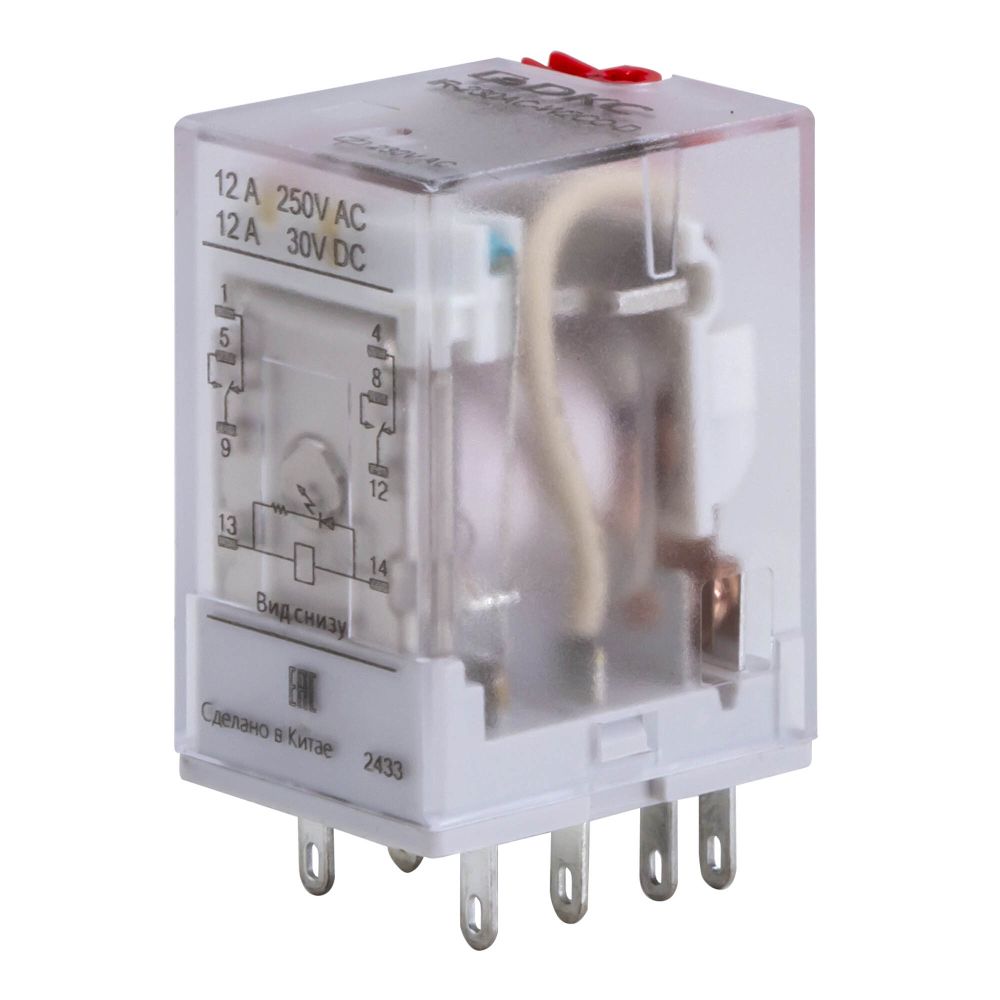 Реле миниатюрное промышленное общего назначения, 2CO, ком. ток 12А, AgSnO2, напряжение 230V AC, опция: тест-кнопка+светодиод