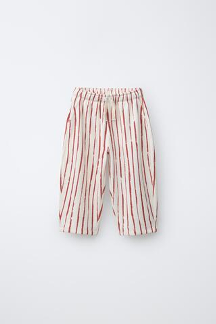 ZARA БРЮКИ BALLOON В ПОЛОСКУ, ЭКРЮ/КРАСНЫЙ