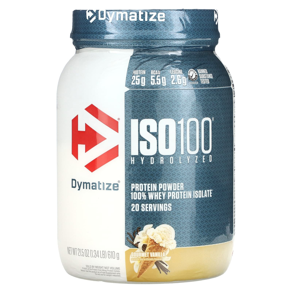 Dymatize, ISO100®, гидролизованный, 100% изолят сывороточного протеина, со вкусом ванили, 610 г (1,34 фунта)