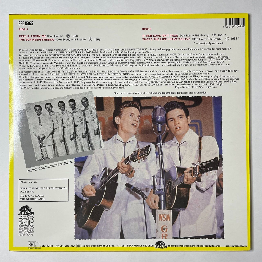 Винтажная виниловая пластинка LP The Everly Brothers Nashville Tennessee, November 9, 1955 (Germany 1981) 45 RPM