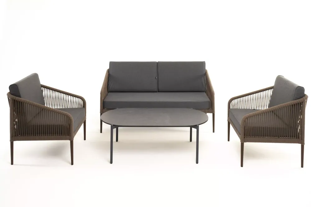 "Канны" лаунж-зона 4-местная из роупа со столом "Верона" (серый гранит), каркас алюминиевый коричневый, роуп коричневый