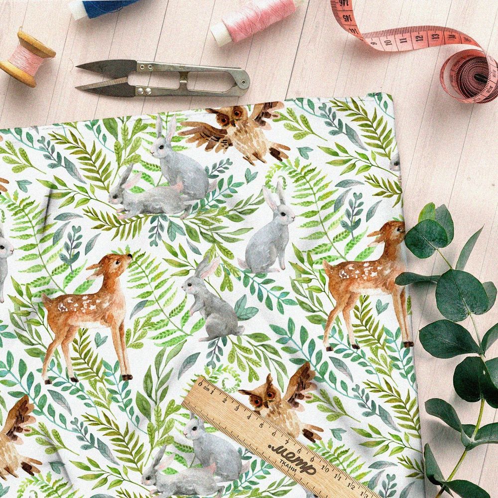 Ткань бифлекс акварельные оленята и зайки
