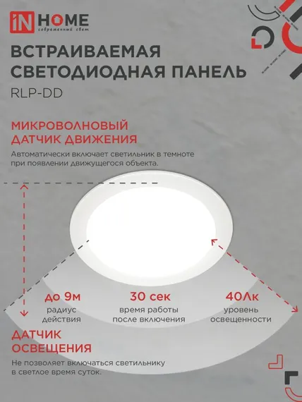 Панель светодиодная встраиваемая круглая RLP-DD 18Вт 230В 4000К 1440Лм 177мм, датчик движения, белая IP40 IN HOME
