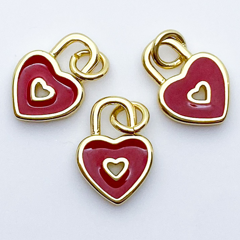 Подвеска Замочек Сердце, цвет золото+красный, размер 12*9 мм, цена за 1 шт