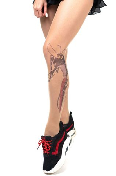 Колготки с цветным принтом в виде комара на левой ноге (Размер: S-M-L) (Цвет: бежевый)