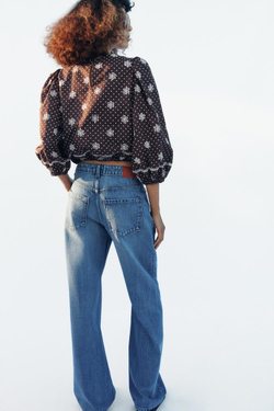 ZARA БЛУЗА В ГОРОШЕК С ПЕРФОРИРОВАННОЙ ВЫШИВКОЙ, КОРИЧНЕВЫЙ