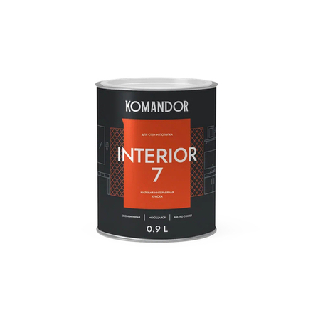 Краска для стен и потолков Komandor Interior 7, матовая, база А, белая, 0,9 л