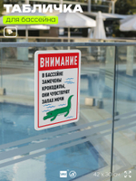 Табличка прикольная для бассейна "Внимание, в бассейне замечены крокодилы, они чувствуют запах мочи", на пляж, для общественной и частной зоны отдыха, 40х30 см, Silver Plane x Айдентика Технолоджи