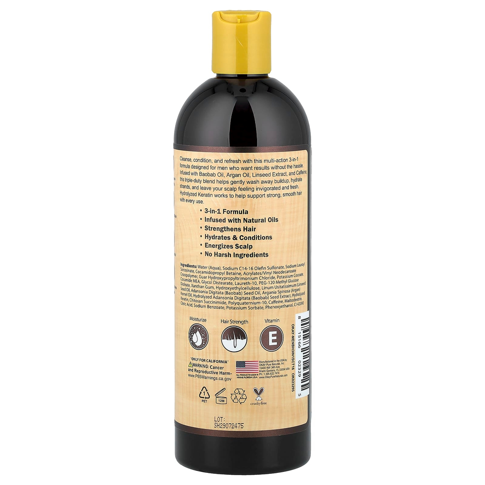 Okay Pure Naturals, для мужчин, шампунь-кондиционер и уход за кожей головы, 3 в 1 для волос и бороды, 473 мл (16 унций)