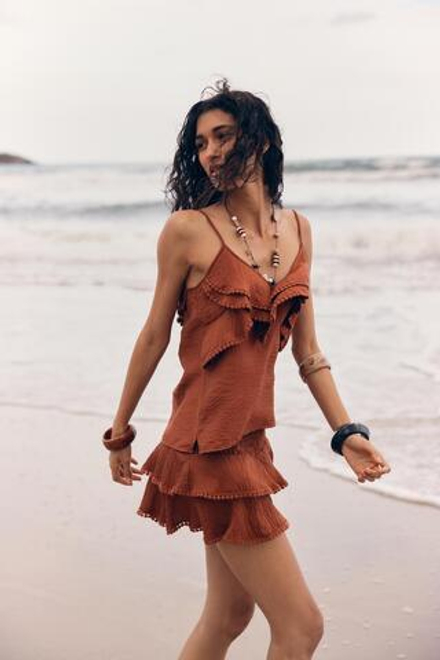 ZARA ЮБКА-ШОРТЫ С ВОЛАНАМИ И КРУЖЕВОМ, ТЕРРАКОТОВЫЙ