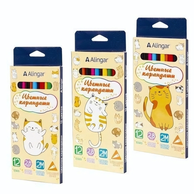 Карандаши 12цв. 2,8мм. дерево, трехгранные, заточен. "Котята" (Alingar)