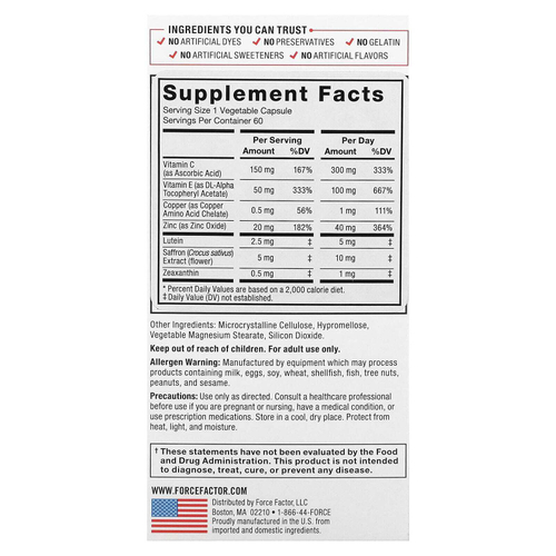 Force Factor, Комплексное средство для здоровья глаз, улучшенная формула с витаминами и минералами, 60 растительных капсул