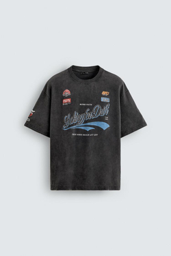 ZARA ФУТБОЛКА С ГРАФИЧЕСКИМИ ЛОГОТИПАМИ, ТЕМНЫЙ АНТРАЦИТ