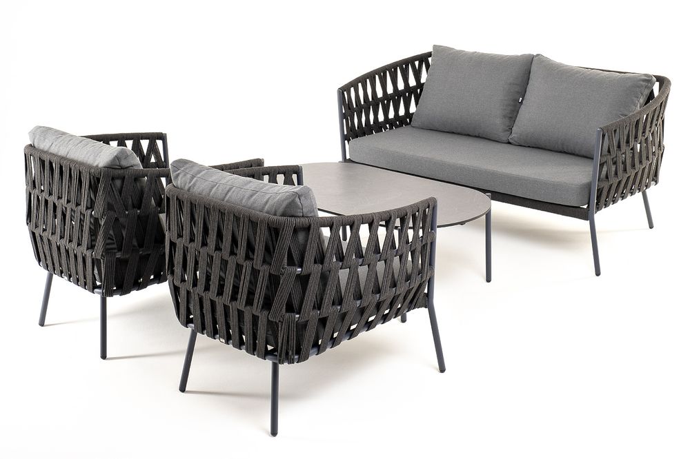 "Диего" лаунж-зона 4-местная плетеная из роупа (веревки), каркас алюминиевый темно-серый, роуп темно-серый