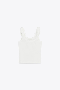 ZARA ТОП ИЗ КРУЖЕВА КРОШЕ С БРЕТЕЛЯМИ, БЕЛЫЙ