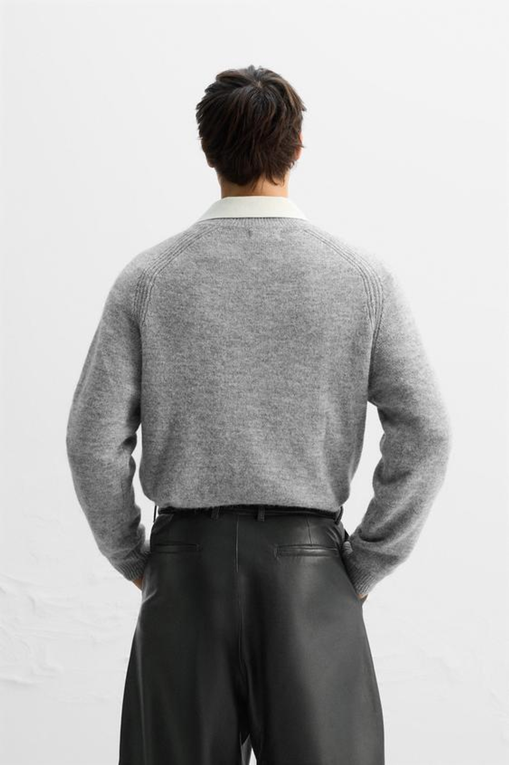 ZARA СВИТЕР ИЗ ХЛОПКА С V-ОБРАЗНЫМ ВЫРЕЗОМ, СЕРЫЙ С МЕЛАНЖЕВЫМ ЭФФЕКТОМ