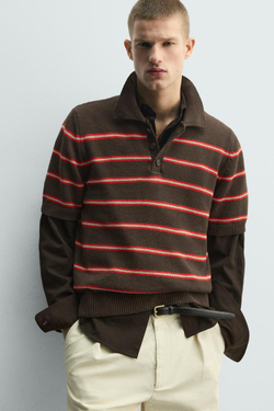 ZARA ТРИКОТАЖНОЕ ЖАККАРДОВОЕ ПОЛО В ПОЛОСКУ, КОРИЧНЕВЫЙ