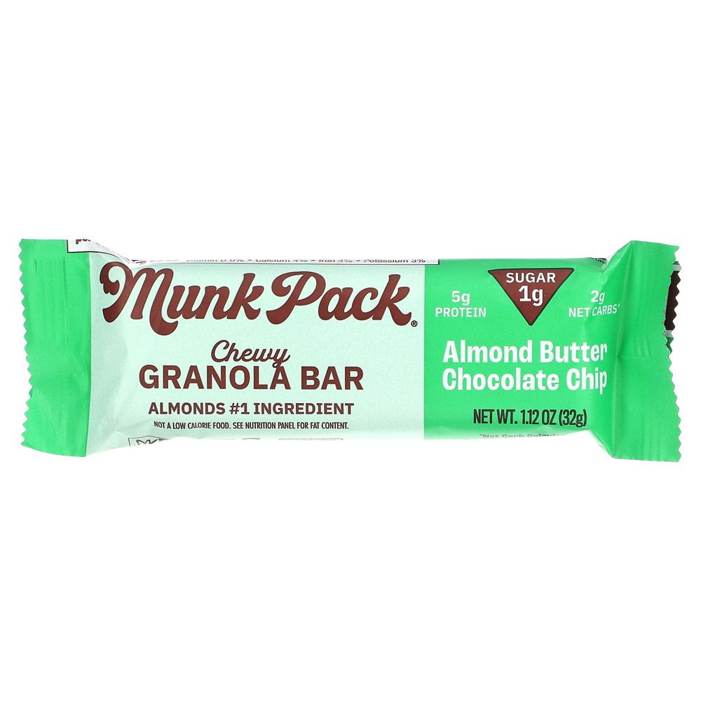 Munk Pack, жевательный батончик-мюсли, миндальная паста и шоколадная крошка, 4 батончика по 32 г (1,12 унции)