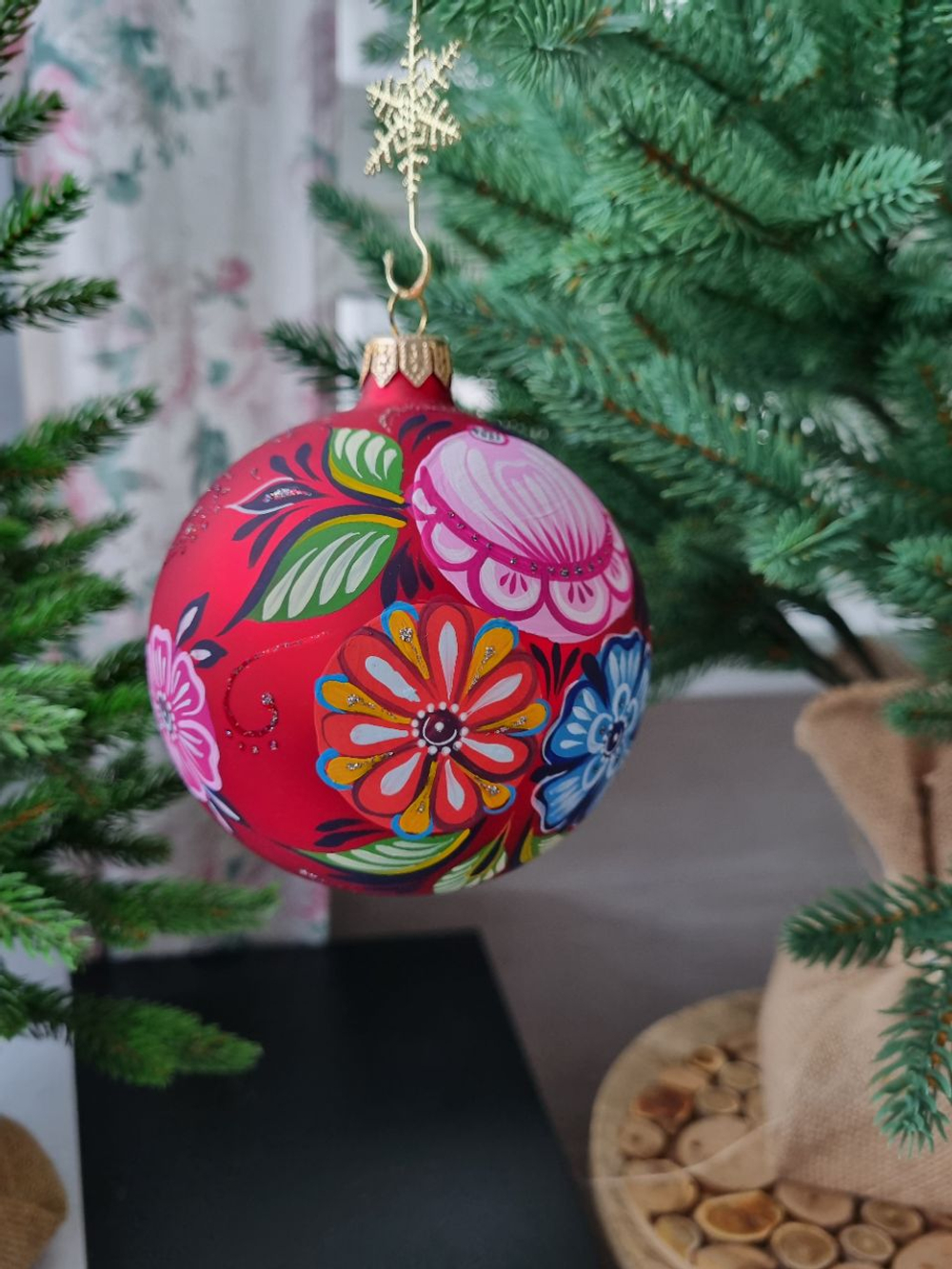 Шар стеклянный "Городецкая роспись" цветы, ручная работа