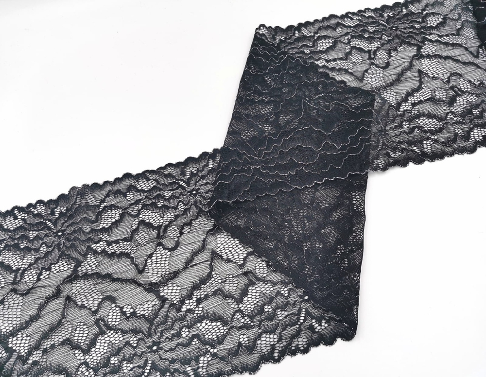 Эластичное кружево, ОПТ, 20 см, черное с серебристой кордовой нитью, м, (Арт: EK-2295), м
