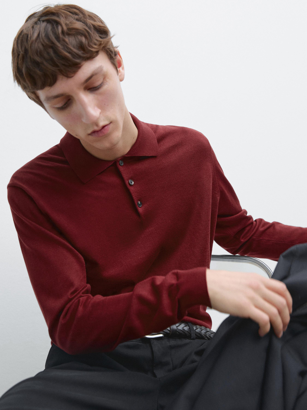 Massimo Dutti Свитер поло из хлопкового трикотажа, гранатовый