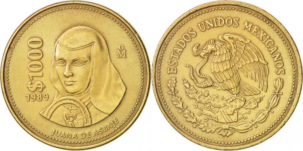 Мексика 1000 песо, 1988 - 1992 Хуана Инес де ла Крус VF