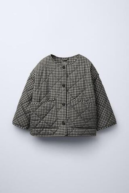 ZARA СТЕГАНАЯ КУРТКА В КЛЕТКУ ВИШИ, ЧЕРНЫЙ/ЭКРЮ