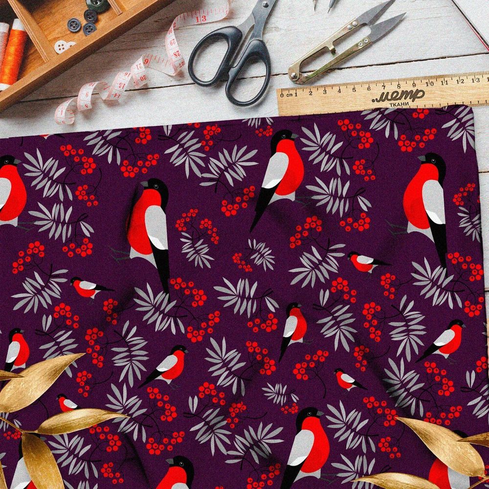 Ткань мембрана снегири с ветками рябины