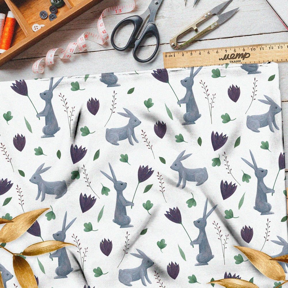 Ткань бифлекс серые зайцы с цветами