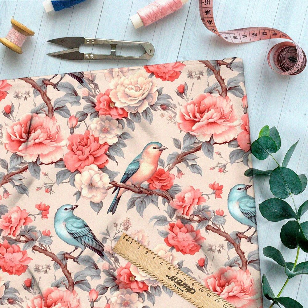 Ткань премиум интерлок певчие птицы в саду