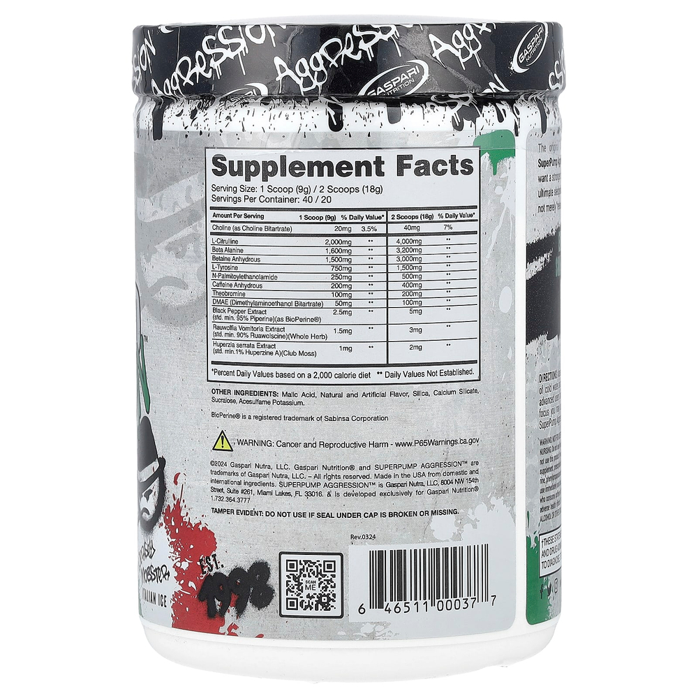 Gaspari Nutrition, SuperPump Aggression ™, перед тренировкой, со вкусом итальянского льда, джерси, 360 г