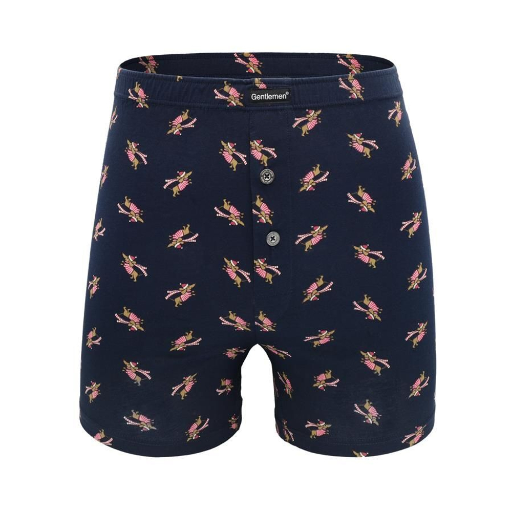 Хлопковые трусы-боксеры на пуговках с принтом в виде такс (Размер: XXL) (Цвет: темно-синий)
