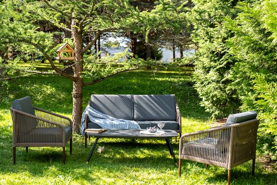 "Канны" лаунж-зона 4-местная из роупа со столом "Верона" (серый гранит), каркас алюминиевый коричневый, роуп коричневый