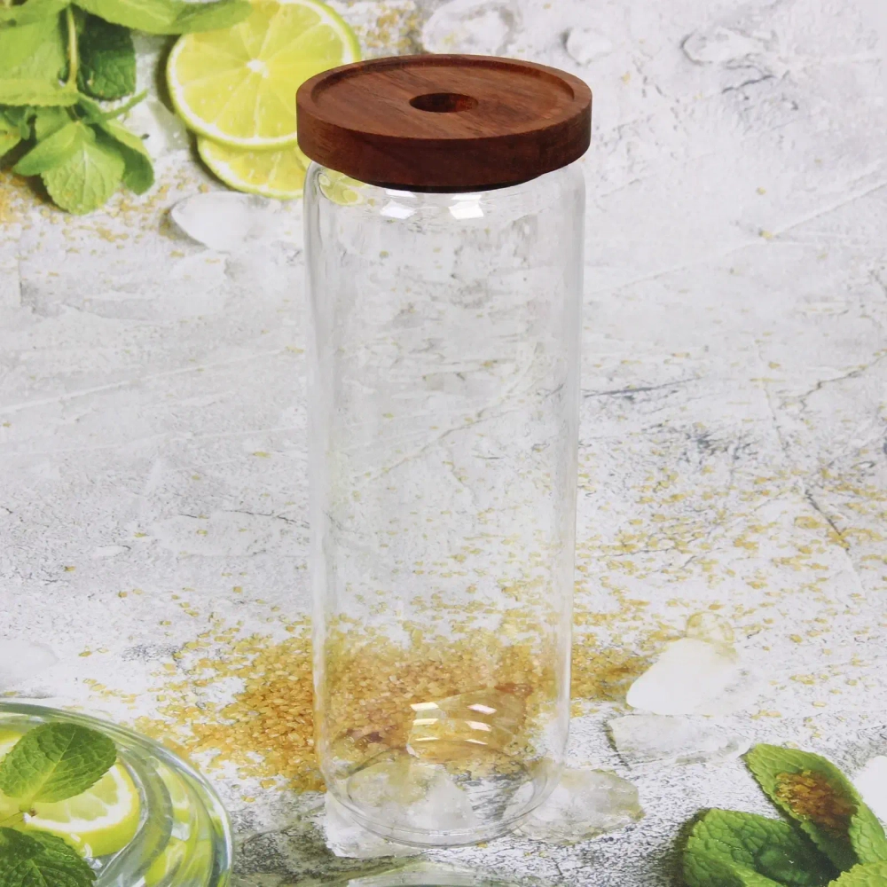 Банка для продуктов стеклянная 1300мл «Хай-Тек» с крышкой из акации 9*25см