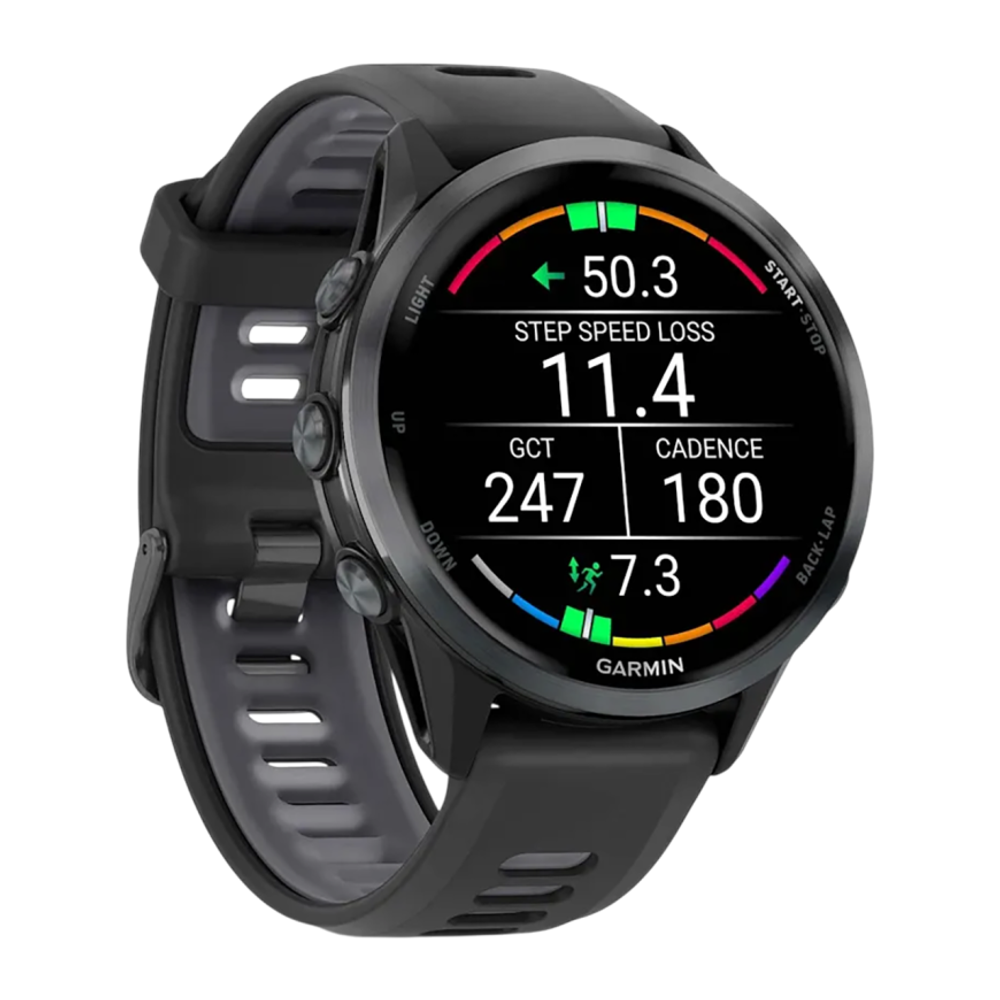 Спортивные часы Garmin Forerunner 970, силиконовый ремешок цвета чёрный/дымчато-серый Тёмно-серый безель из титана с DLC-покрытием, чёрный корпус, AMOLED-дисплей с сапфировым стеклом. Ремешок с классической застёжкой — на запястье обхватом 135–205 мм