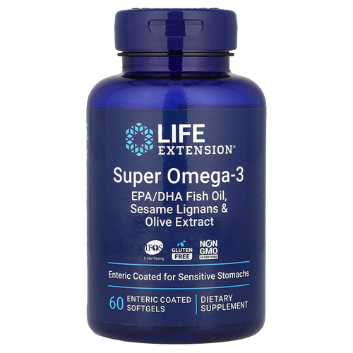Life Extension, Super Omega-3, рыбий жир с ЭПК и ДГК, лигнанами кунжута и экстрактом оливы, 60 капсул, покрытых кишечнорастворимой оболочкой