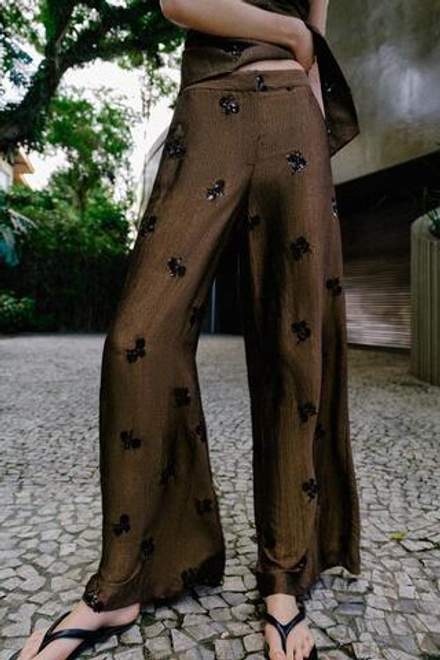 ZARA ШИРОКИЕ БРЮКИ С ПАЙЕТКАМИ, КОРИЧНЕВЫЙ
