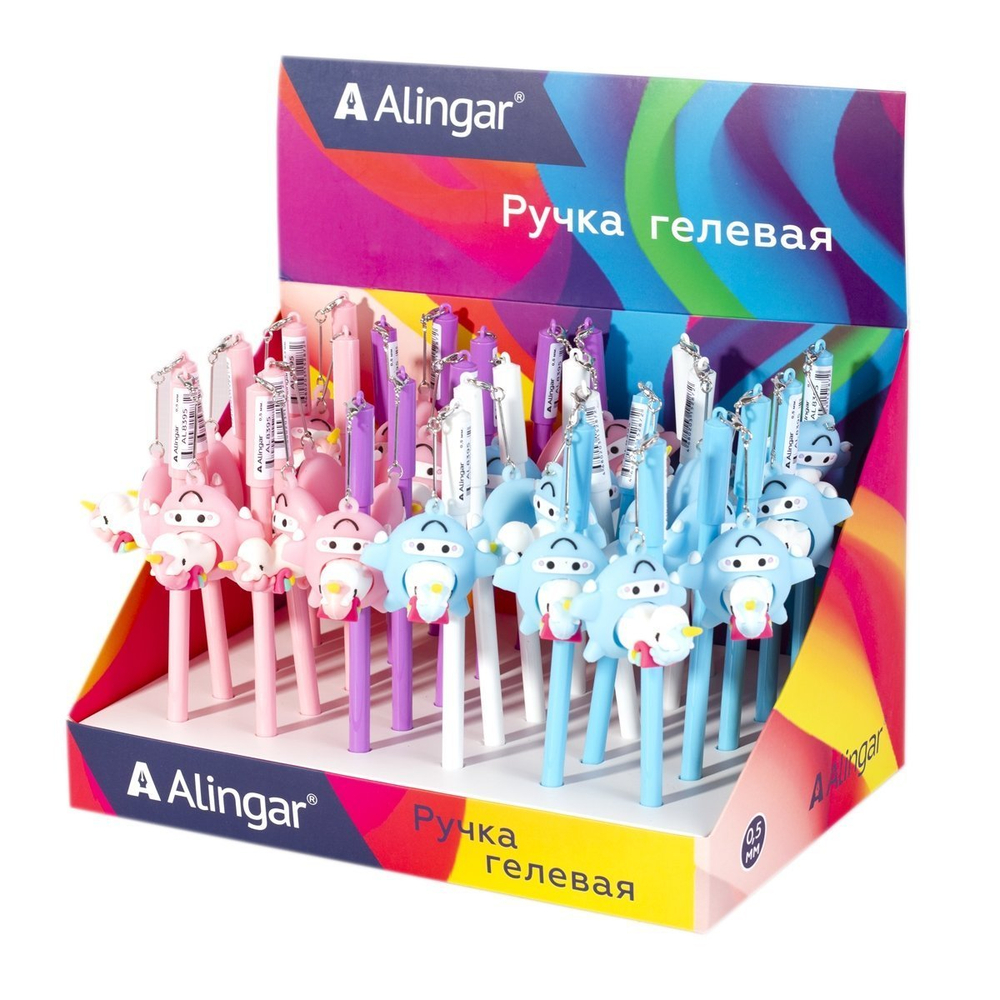 Ручка гелевая Alingar "Единорожка на самолете", 0,5 мм, синяя, игольчатый наконечник, круглый цветной пластиковый корпус, карт. уп.