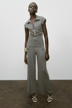 ZARA ТОП ИЗ ПИКЕ С ПУГОВИЦАМИ, АНТРАЦИТОВО-СЕРЫЙ