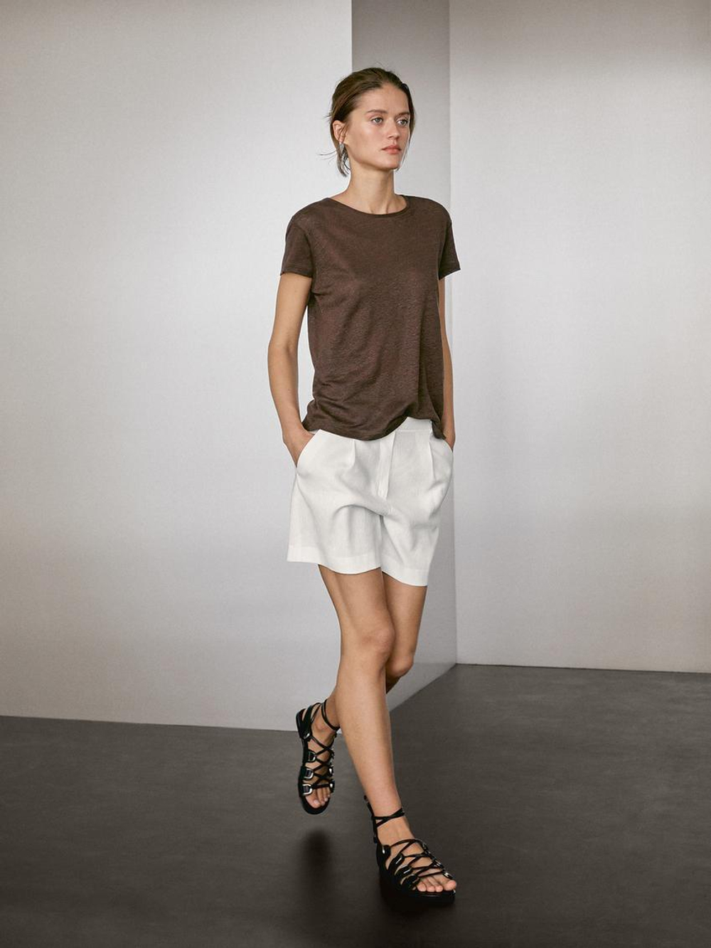 Massimo Dutti Футболка из 100% льна с коротким рукавом, кротово-коричневый