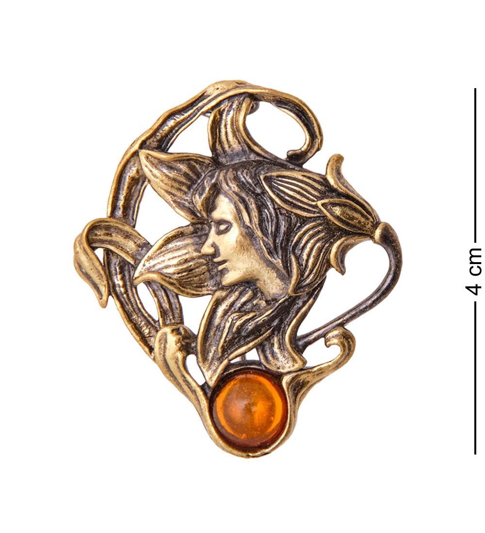 AM-3531 Брошь «Цветочная Дама» (латунь, янтарь)