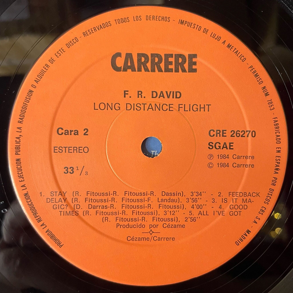 Винтажная виниловая пластинка LP F.R. David Long Distance Flight (Spain 1984)