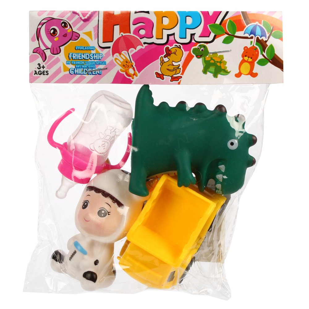 Набор игрушек (динозавр +фигурка +машина +бутылочка), пакет AY8004