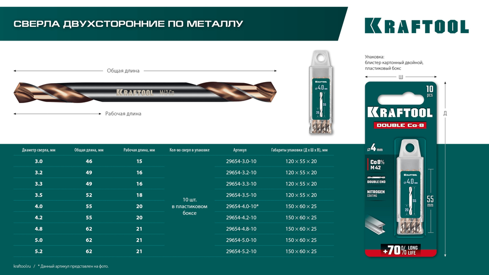KRAFTOOL DOUBLE Сo-8 3.5х52мм, Сверло двухстороннее по металлу, сталь M42(+8%Co), класс А (29654-3.5-10)