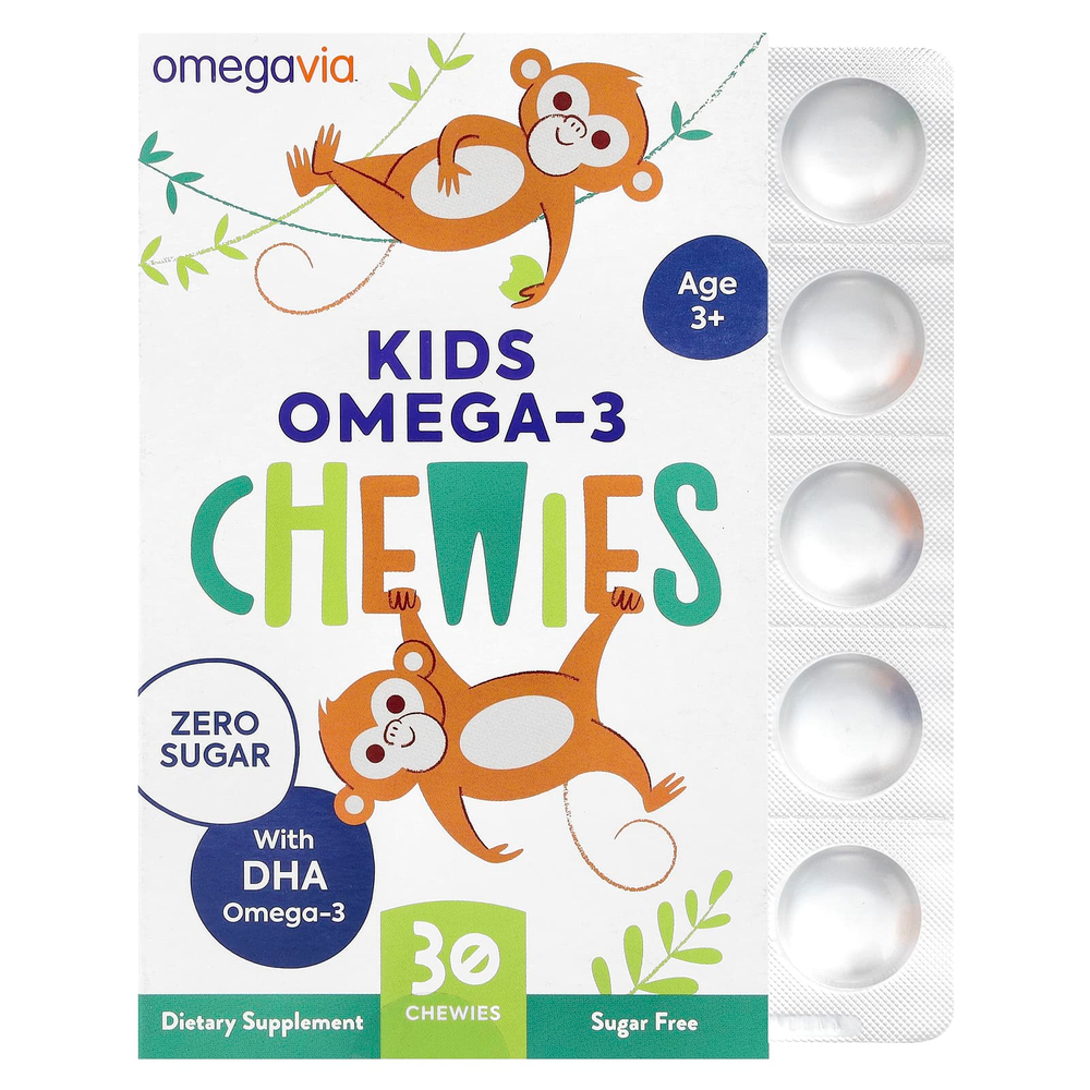 OmegaVia, Жевательные таблетки с омега-3 для детей, от 3 лет, натуральные фрукты, 30 жевательных таблеток